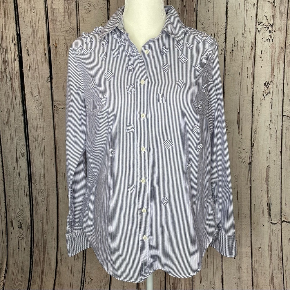 A New Day Striped Button Down Classic Collared Shirt‎ with Flower Appliqué SMALL